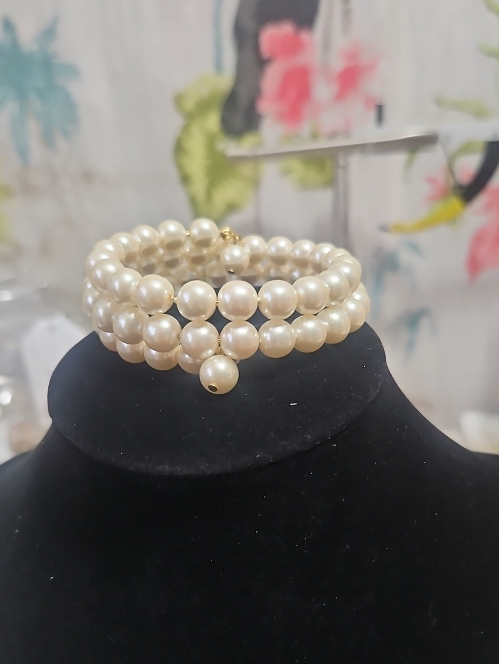 Vintage Triple Strand Faux Pearl Bracelet Wrap Bracelet W Dangling Pearl Charm